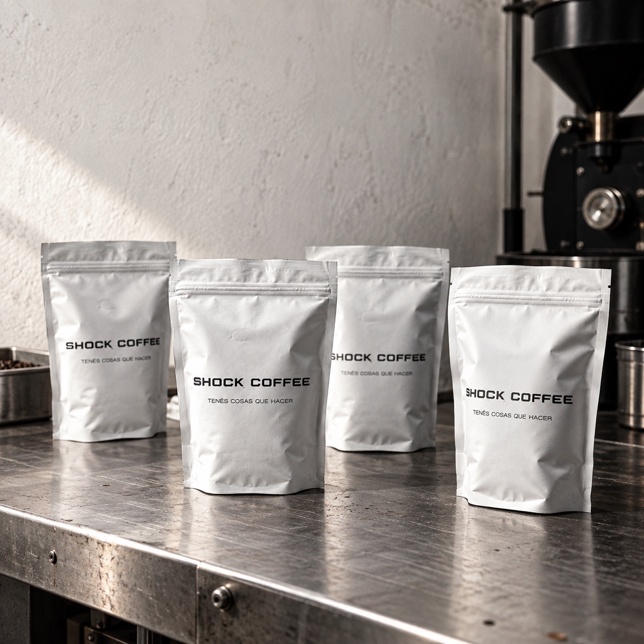 Cuatro packs de Shock Coffee en una mesa de trabajo